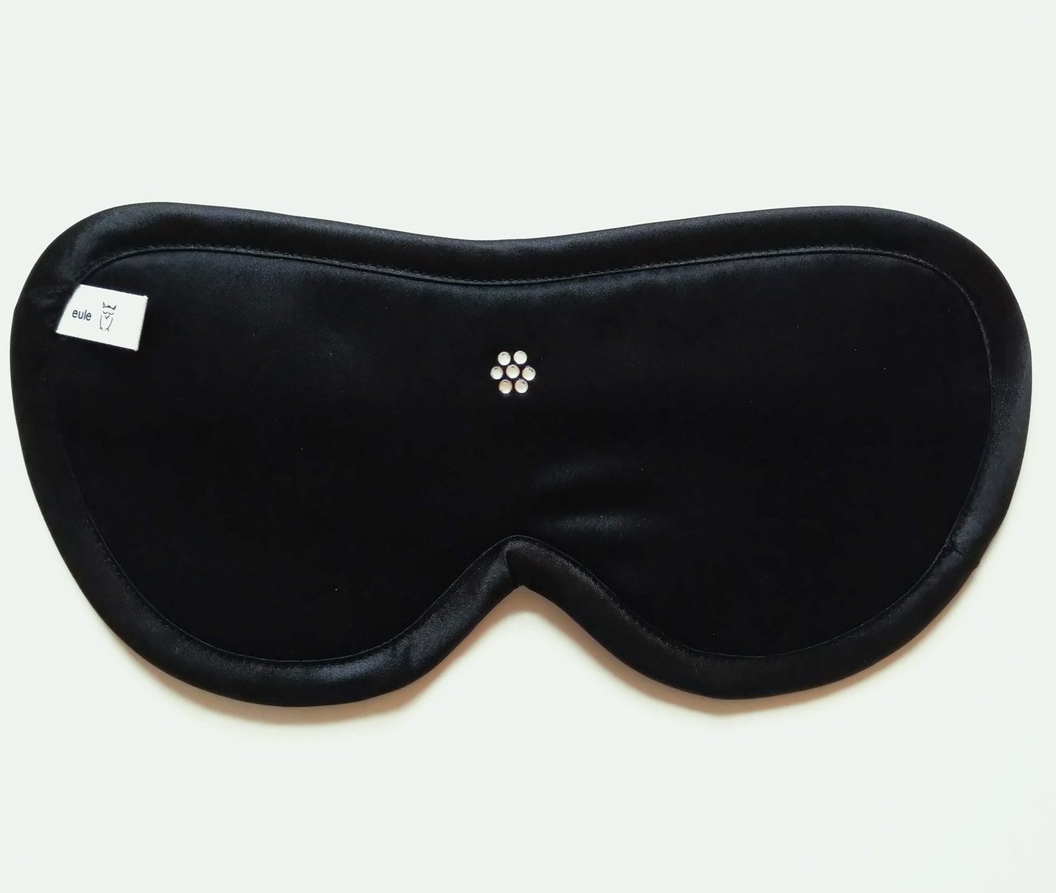 schlafbrille aus hochwertiger schwarzer seide mit strass-blume